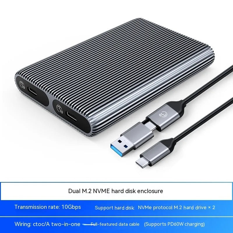 Aluminium external SSD enclosure for M.2 drives with data cable and thermal accessories.