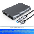 Aluminium external SSD enclosure for M.2 drives with data cable and thermal accessories.