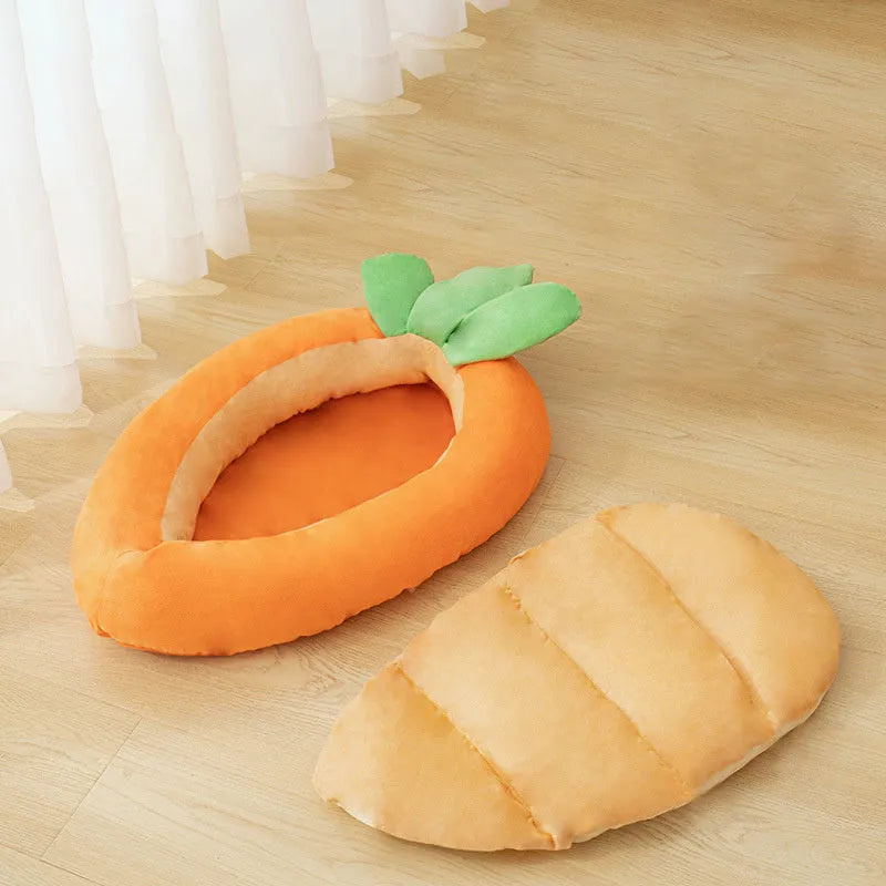 Carrot-shaped nesting dog bed with a blanket, shown in two sizes for small and medium pets.