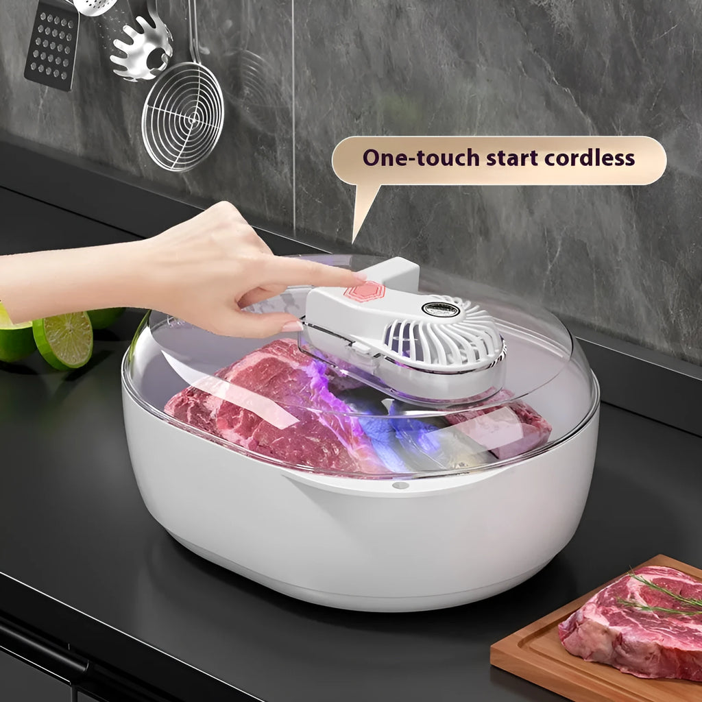 Aluminium household food defrosting plate with modern design on kitchen countertop