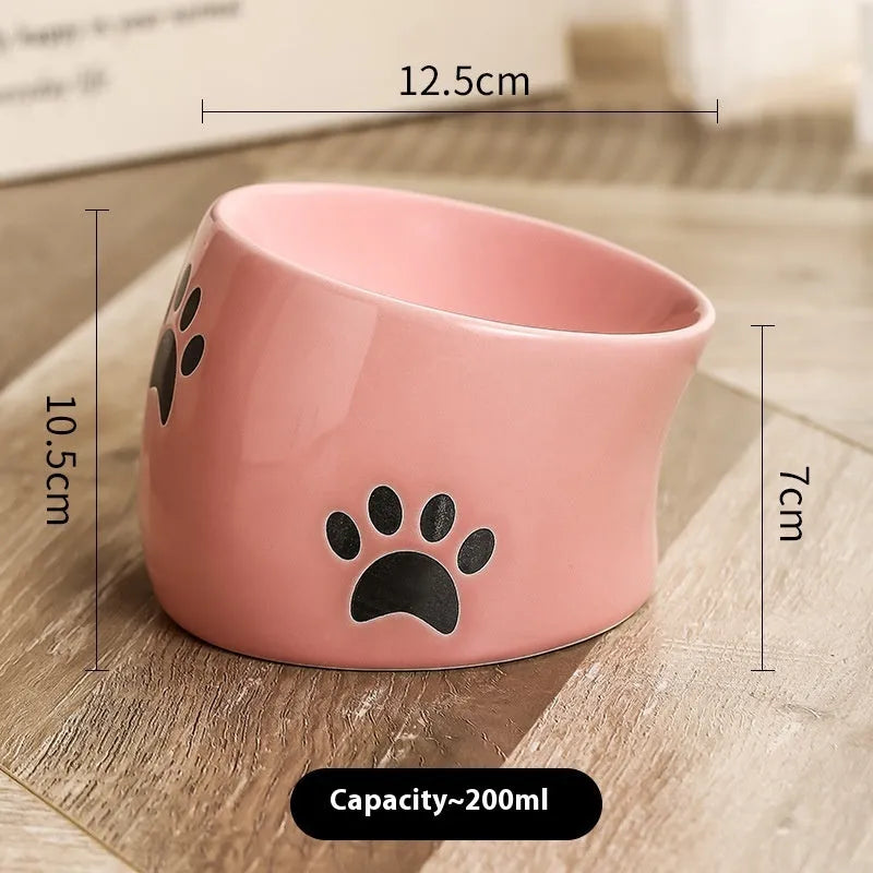 Ceramic cat bowl with neck protection design and cat's paw pattern in selected colour
