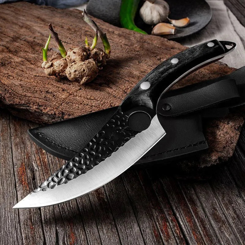 Forged curved boning knife with 5CrMoV15 high carbon steel blade and leather sheath in black or brown.