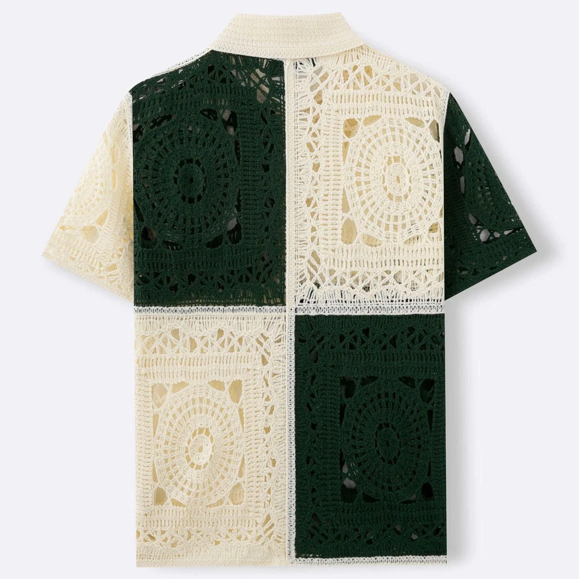 Beige colourblock men's short sleeve knitwear shirt on a hanger showing flocking detail and regular fit.