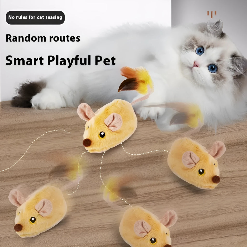 Grey and yellow plush mouse cat toys with remote control unit and charging cable