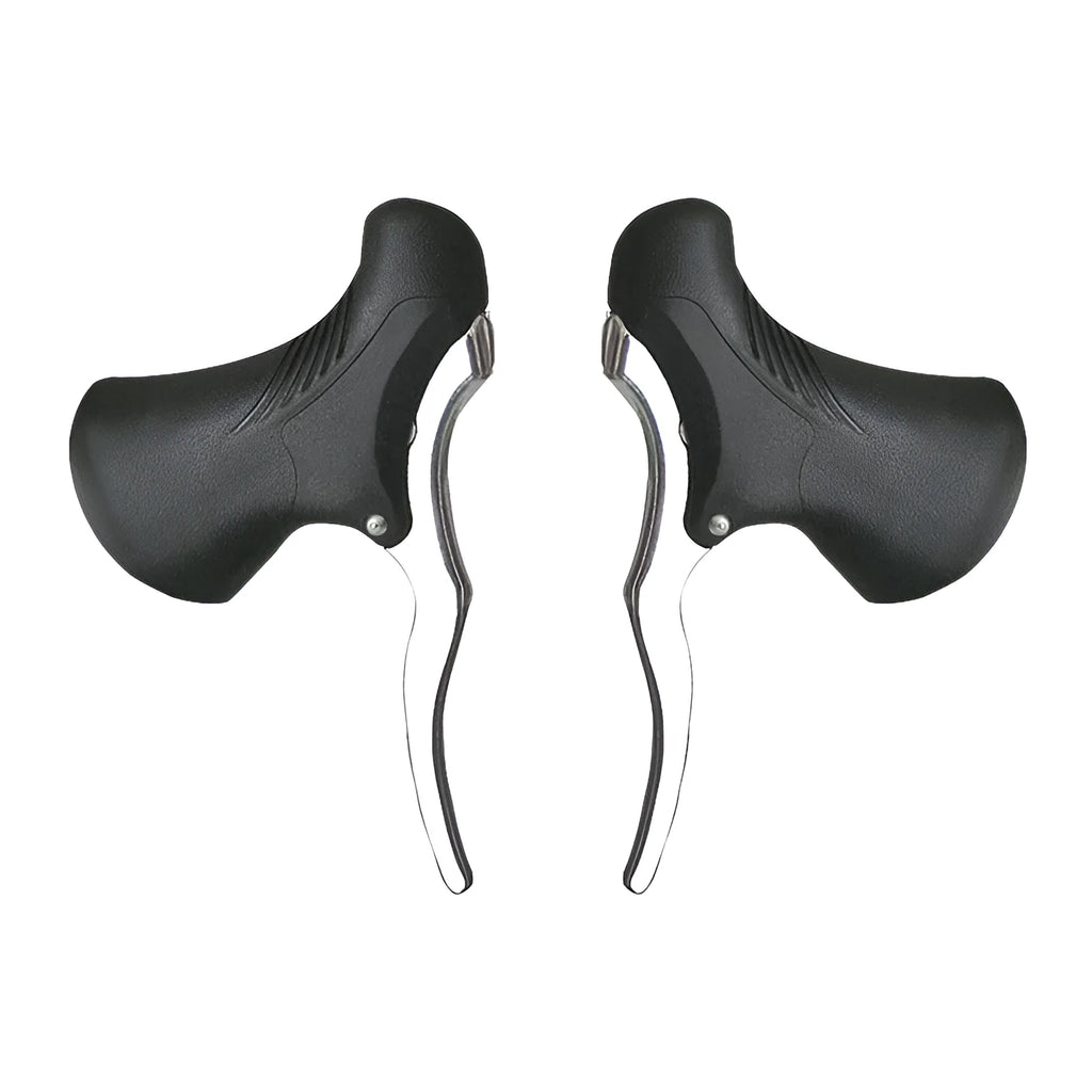 Pair of aluminium alloy road bicycle brake handles in black silver, showing clamp mechanism.