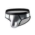 Men's gold polyester swim briefs with patent leather colour matching and low waist design