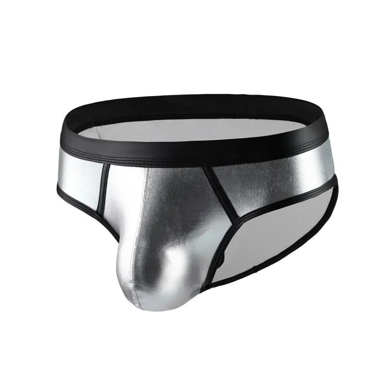 Men's gold polyester swim briefs with patent leather colour matching and low waist design