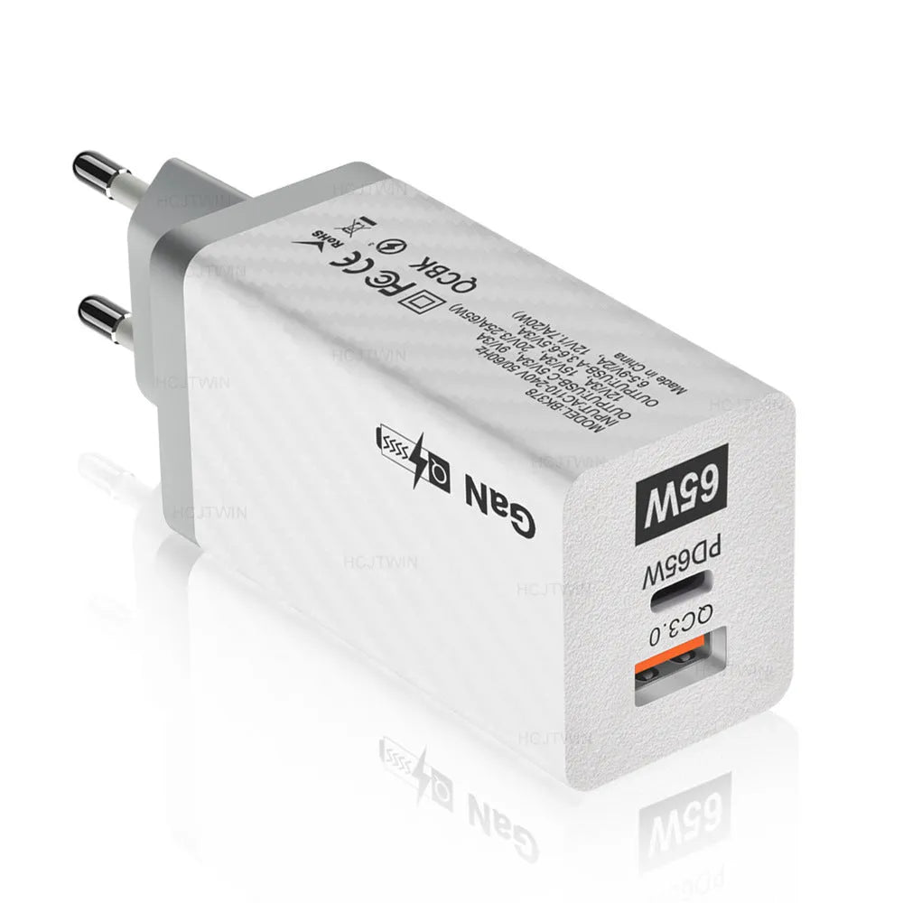 65W GaN universal laptop charger in white or black with compact dimensions and USB-C PD port