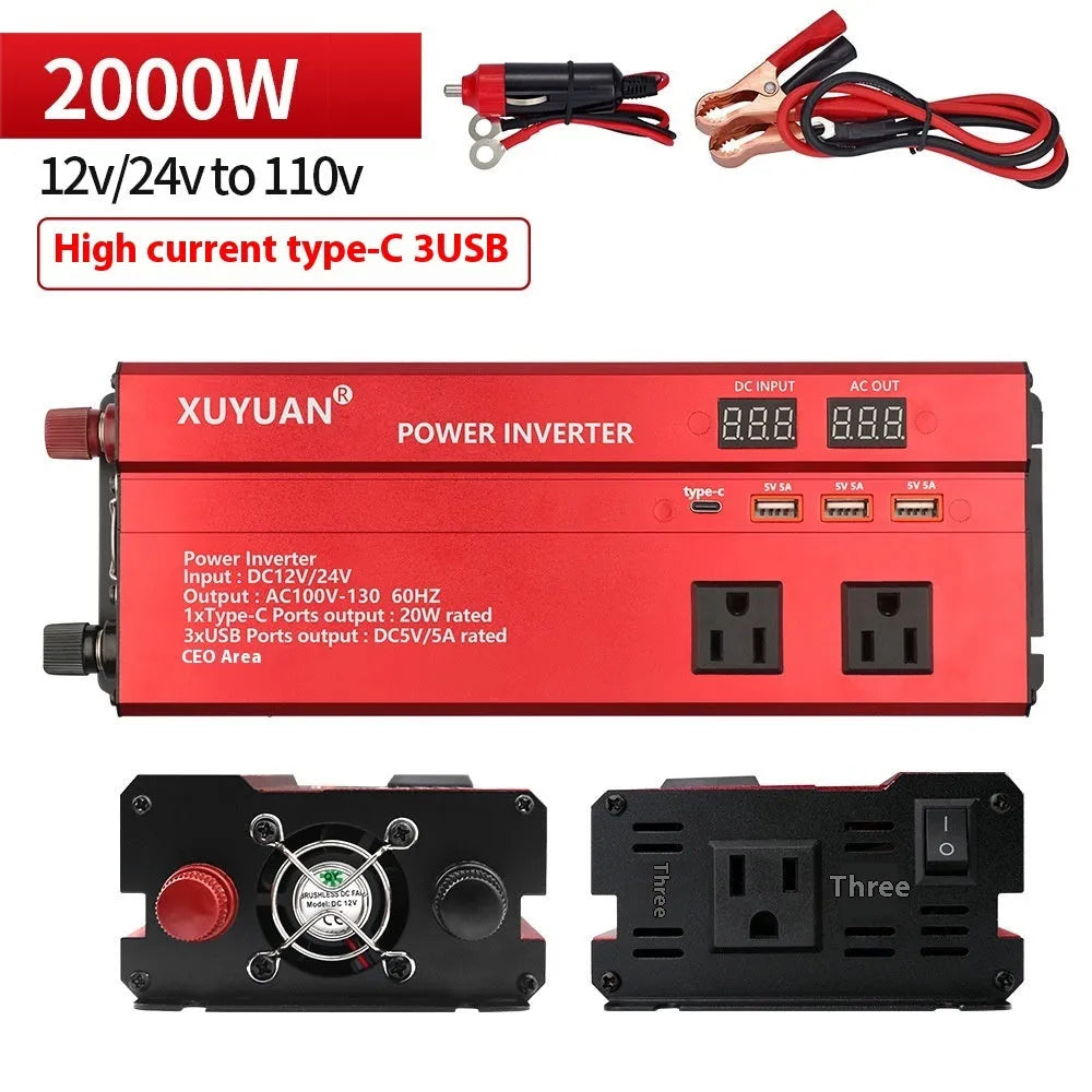 1200W car inverter 12V 24V to 110V US socket, 26cm x 10cm x 5.5cm, black or red, LED display and air cooling.