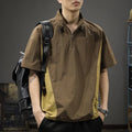 Brown men's half-zip stand collar short-sleeved shirt on a hanger