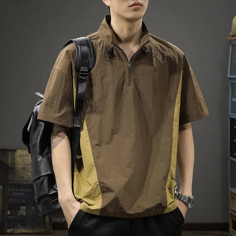 Brown men's half-zip stand collar short-sleeved shirt on a hanger