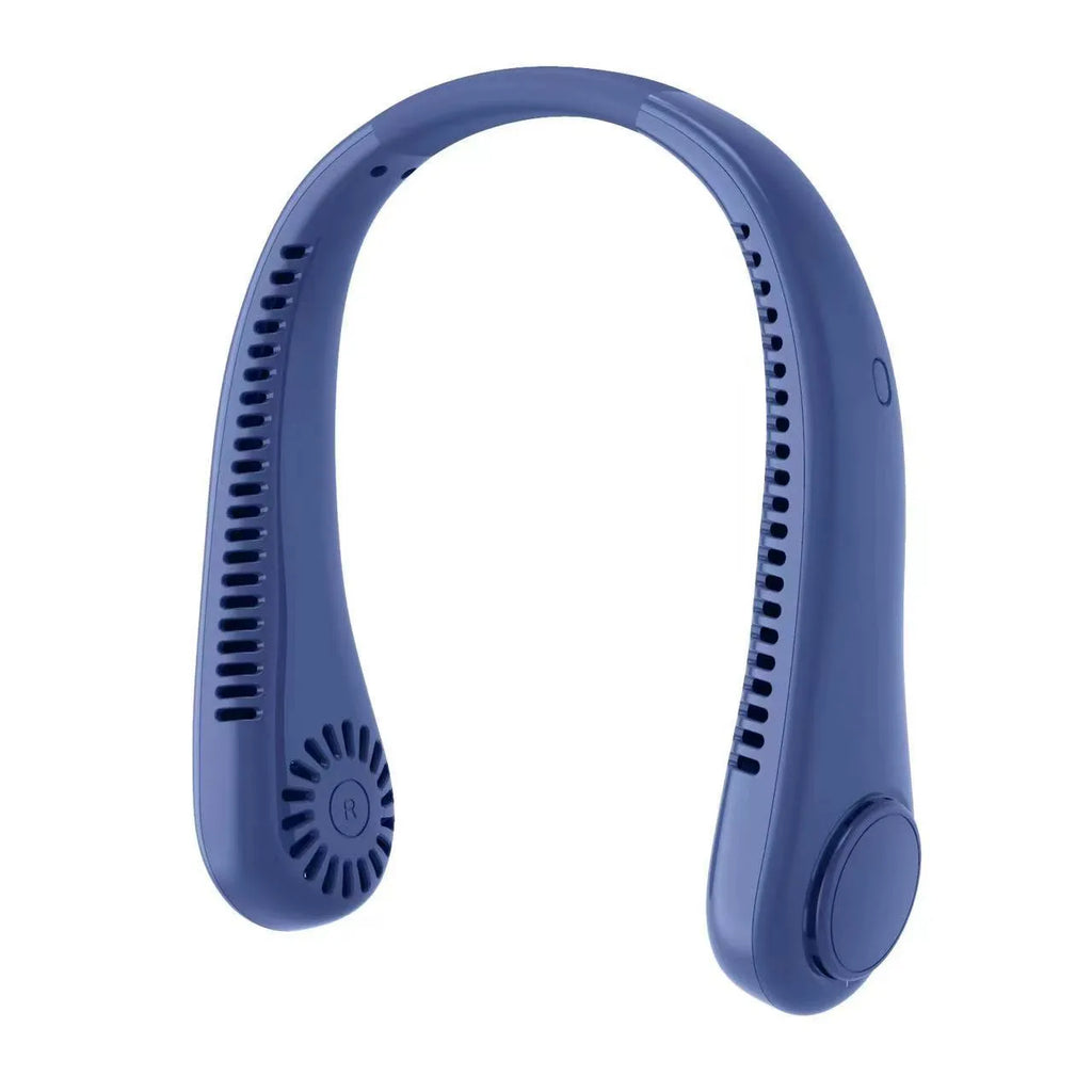 White bladeless neck fan worn around neck showing decentralised air outlet and minimalist design