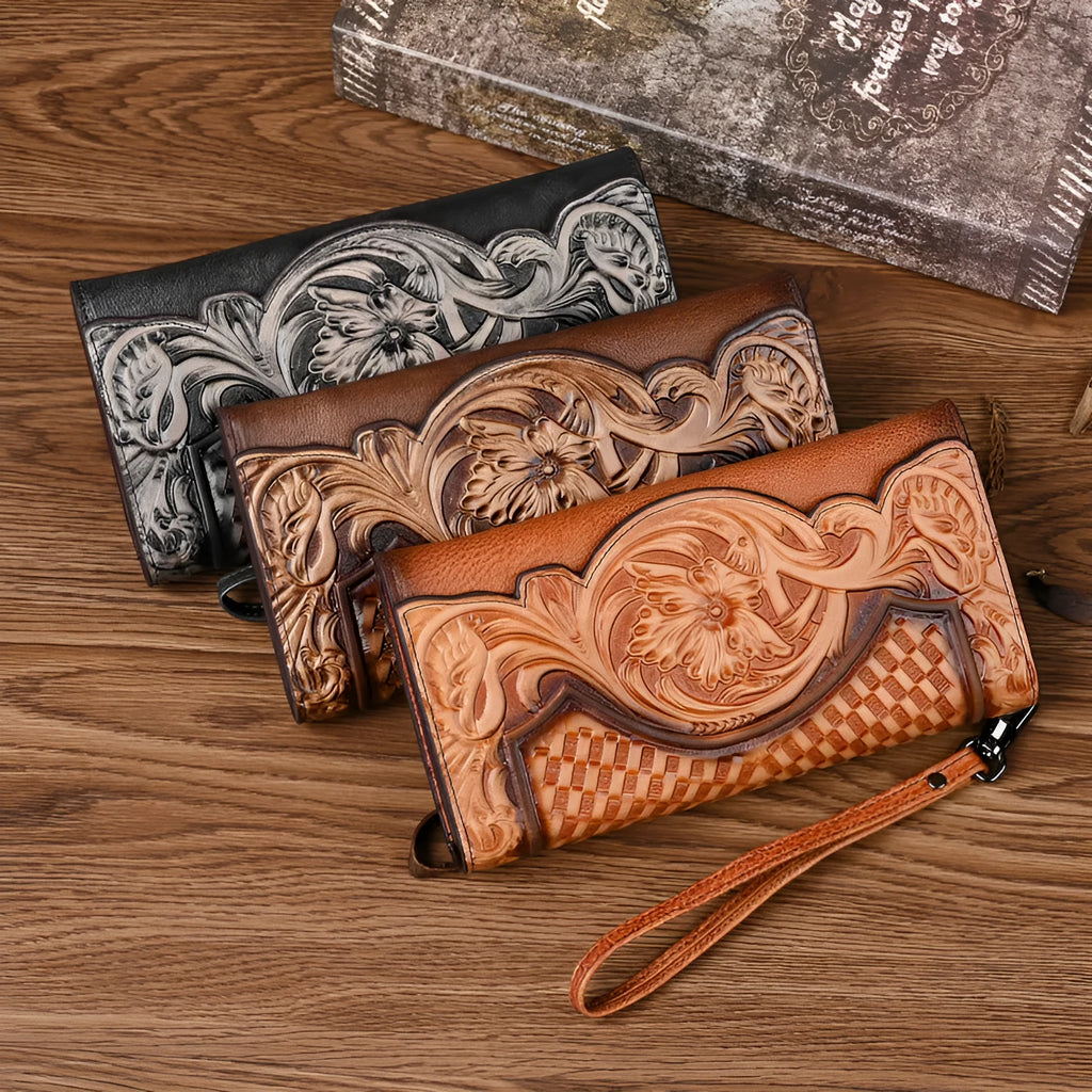 Brown tri-fold women's wallet with Chinese floral embossed pattern on cowhide leather.