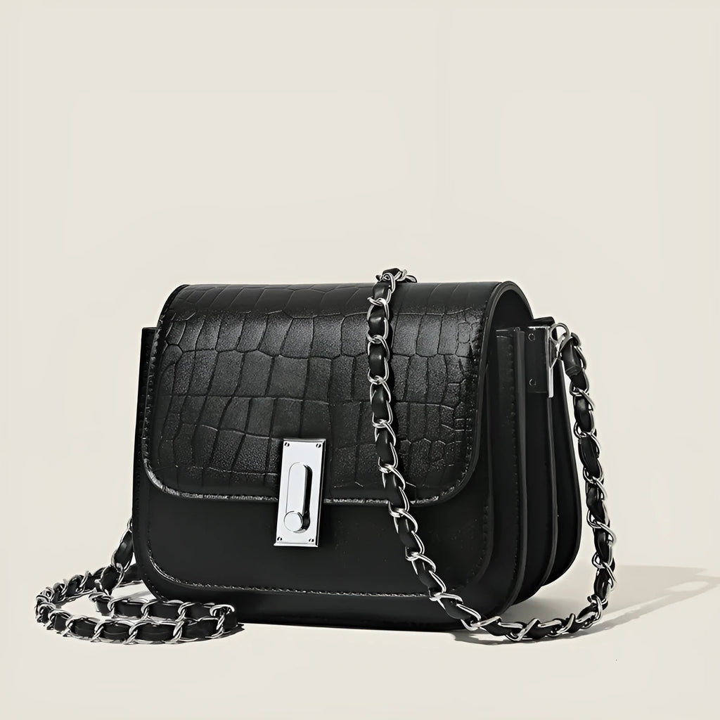 Women's black PU leather cross-body shoulder bag with phone pocket and square shape