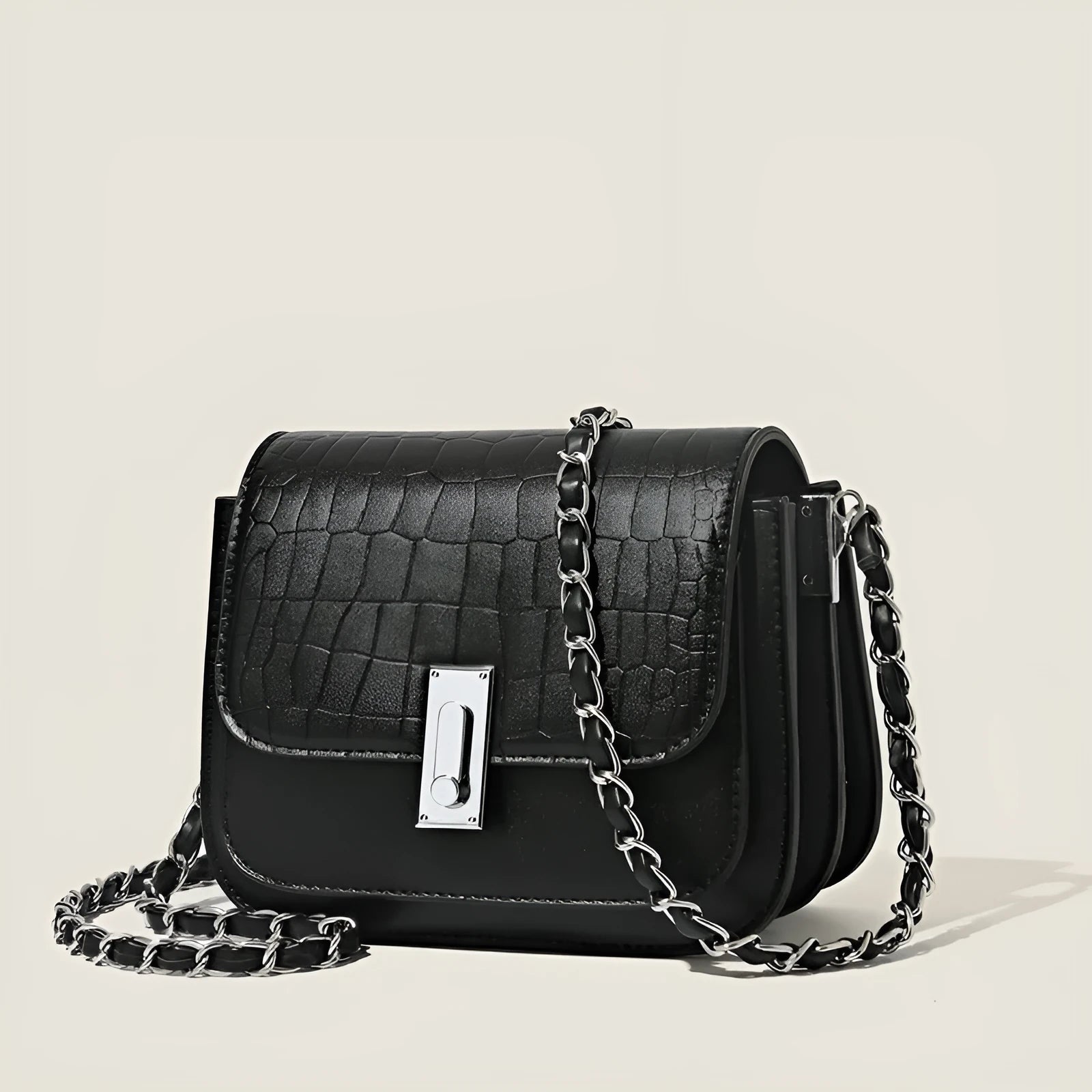 Women's black PU leather cross-body shoulder bag with phone pocket and square shape