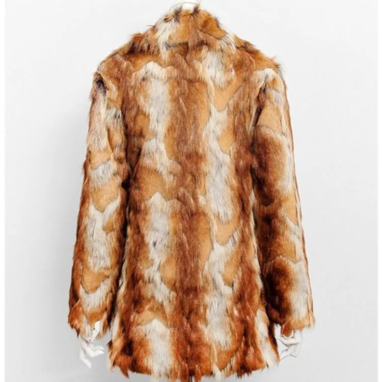 Women's tiger pattern faux fur leather jacket in a slim, medium-length street fashion style.