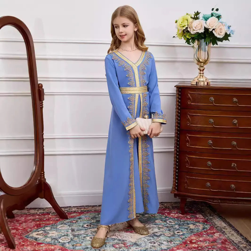 Children's Girls Lace V-Neck Top from Dubai Foreign Trade Collection in Ice Blue and Pink for All Seasons Sizes 4Y to 12Y with Polyester Lining Material and National Style Design Simple Everyday Wear Top for Girls