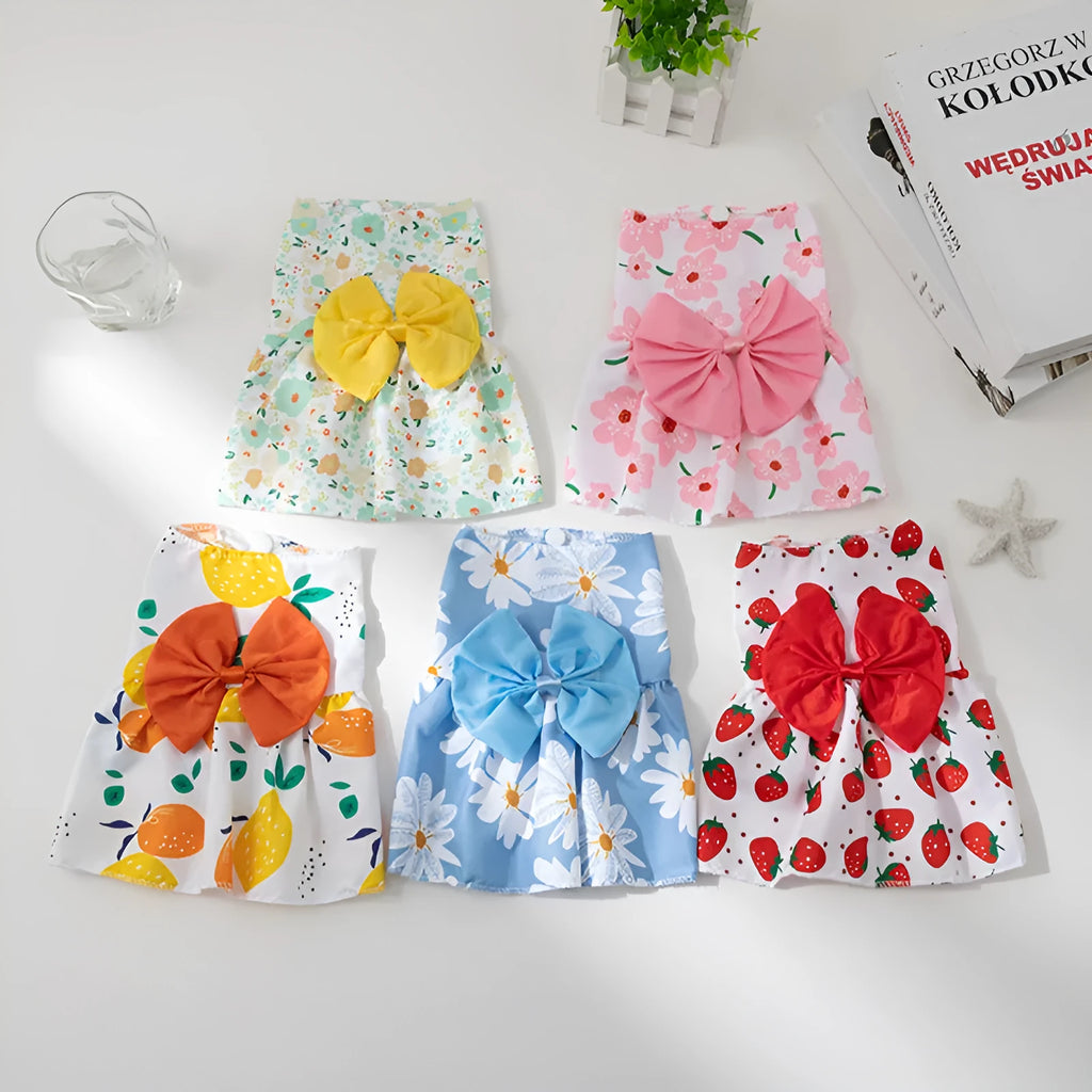 Ultra-thin polyester pet dress with butterfly knot and floral print in multiple colour options