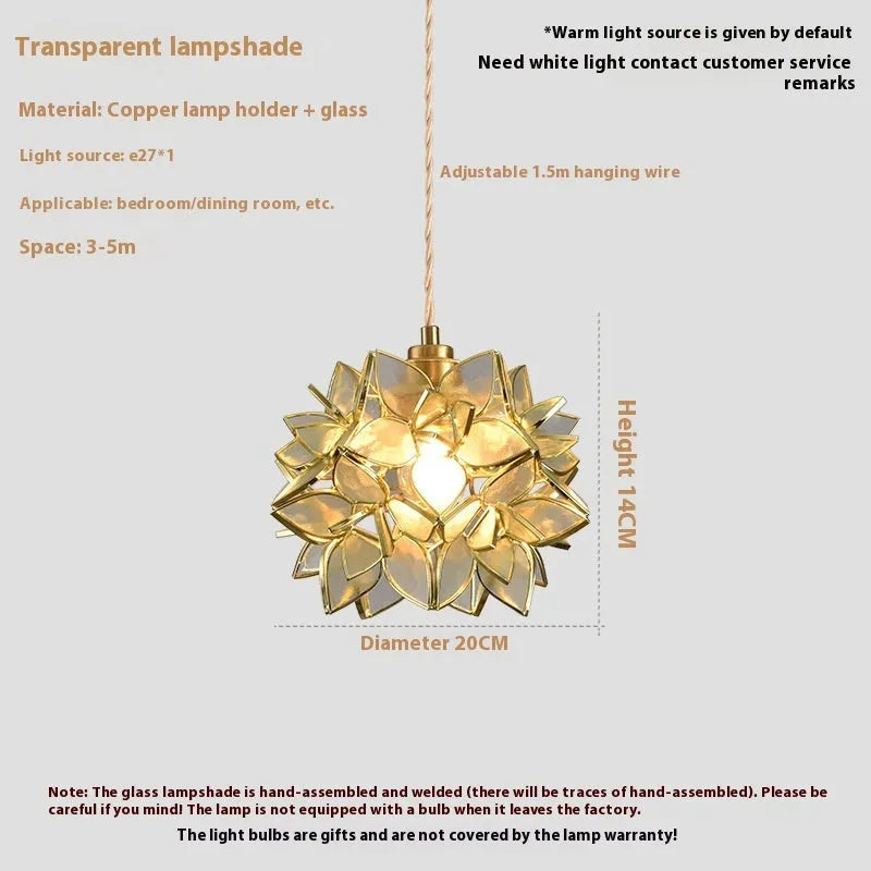 Stained glass hanging chandelier with copper fitting, shown in one of its blue, orange, pink, white or transparent colour options.