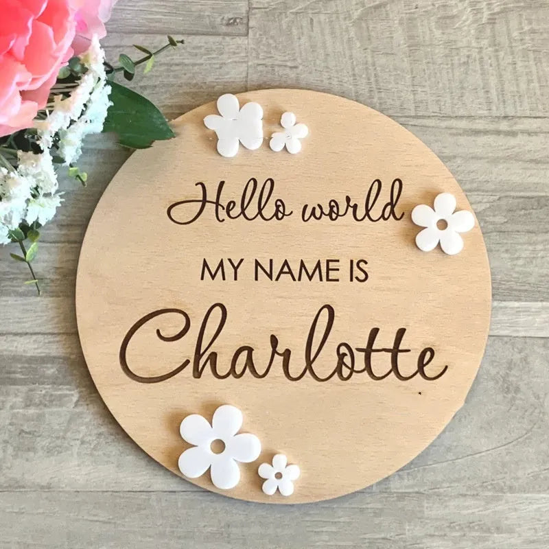 15cm square wooden baby birth name label with space for newborn information