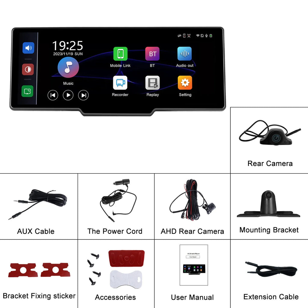 10.26-inch car DVR display with three-way rear-view camera system for CarPlay and Android Auto compatibility
