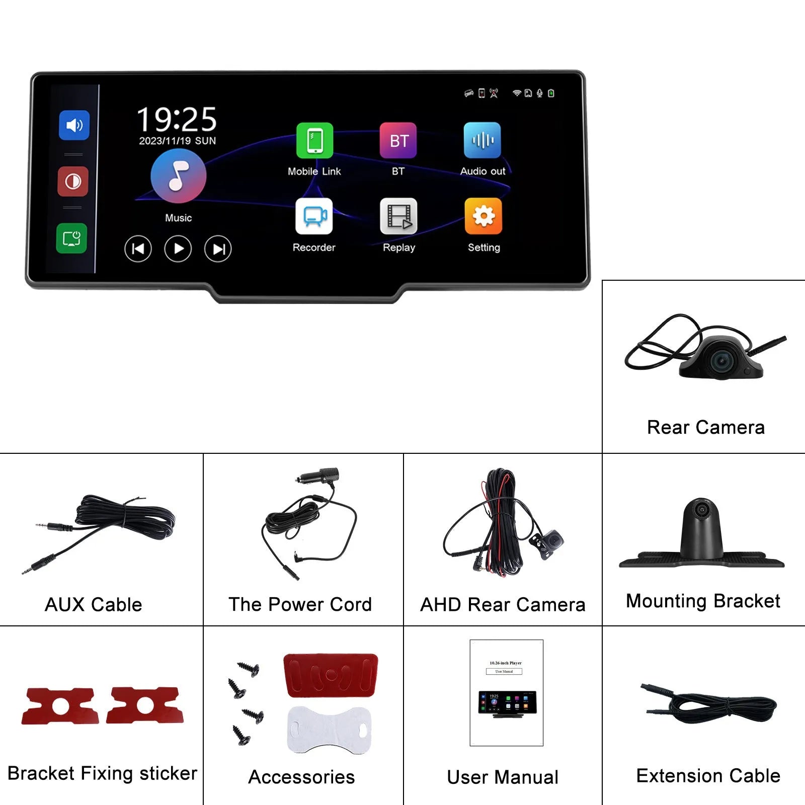 10.26-inch car DVR display with three-way rear-view camera system for CarPlay and Android Auto compatibility