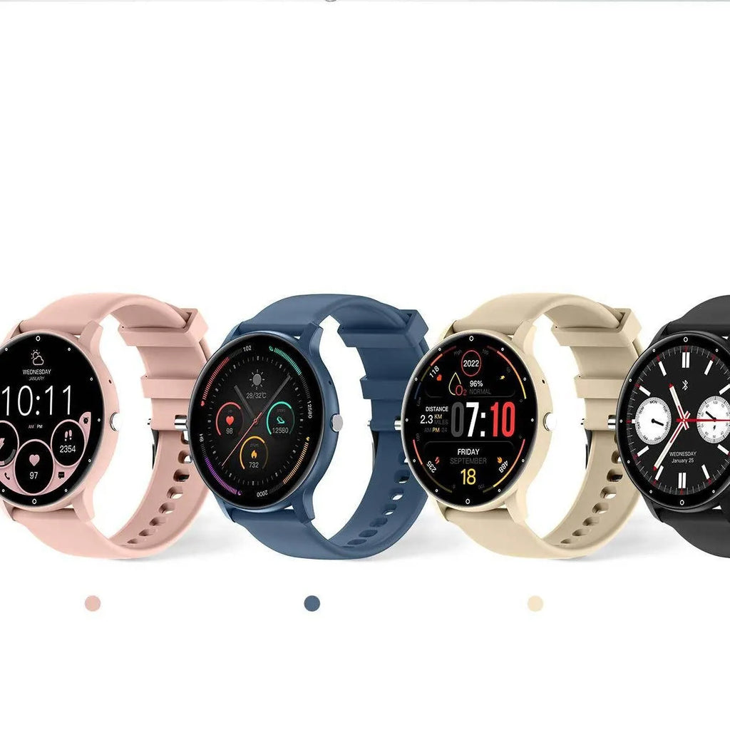 Smart watch with AMOLED touchscreen showing heart rate display, available in multiple colours and strap options, waterproof fitness tracker.