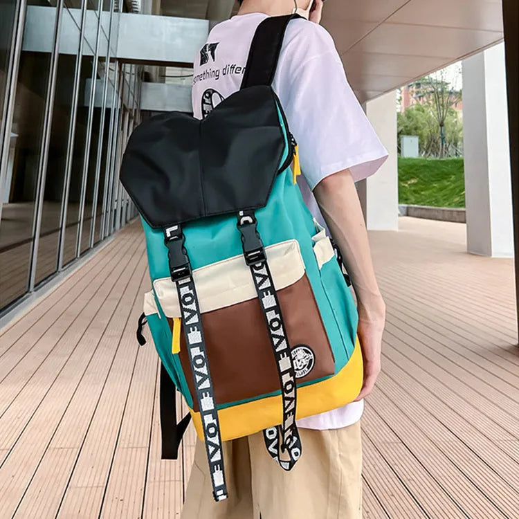Oxford cloth fashion backpack in black, green, or red, shown with adjustable straps for multiple carrying styles.
