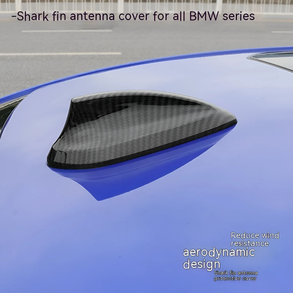 BMW shark fin antenna cover replacement in carbon fibre pattern and piano black finish options.
