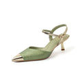 Women's leather high-heeled sandal with pointed toe and 6CM heel in silver colour.