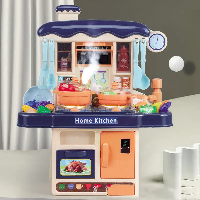 Plastic simulation kitchen play set with water spray, 31 pieces, 43cm height, pink colour