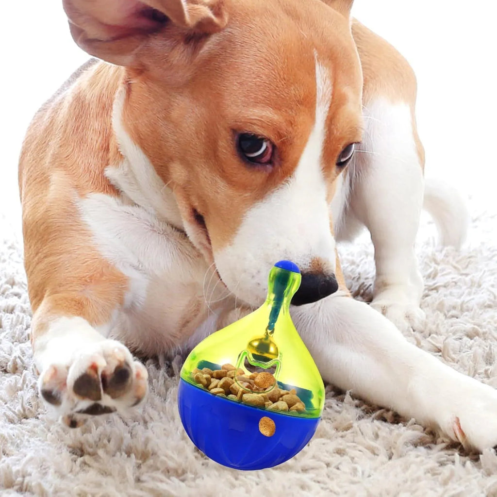 Small pet treat tumbler dispenser toy for dogs and cats with interactive food puzzle design