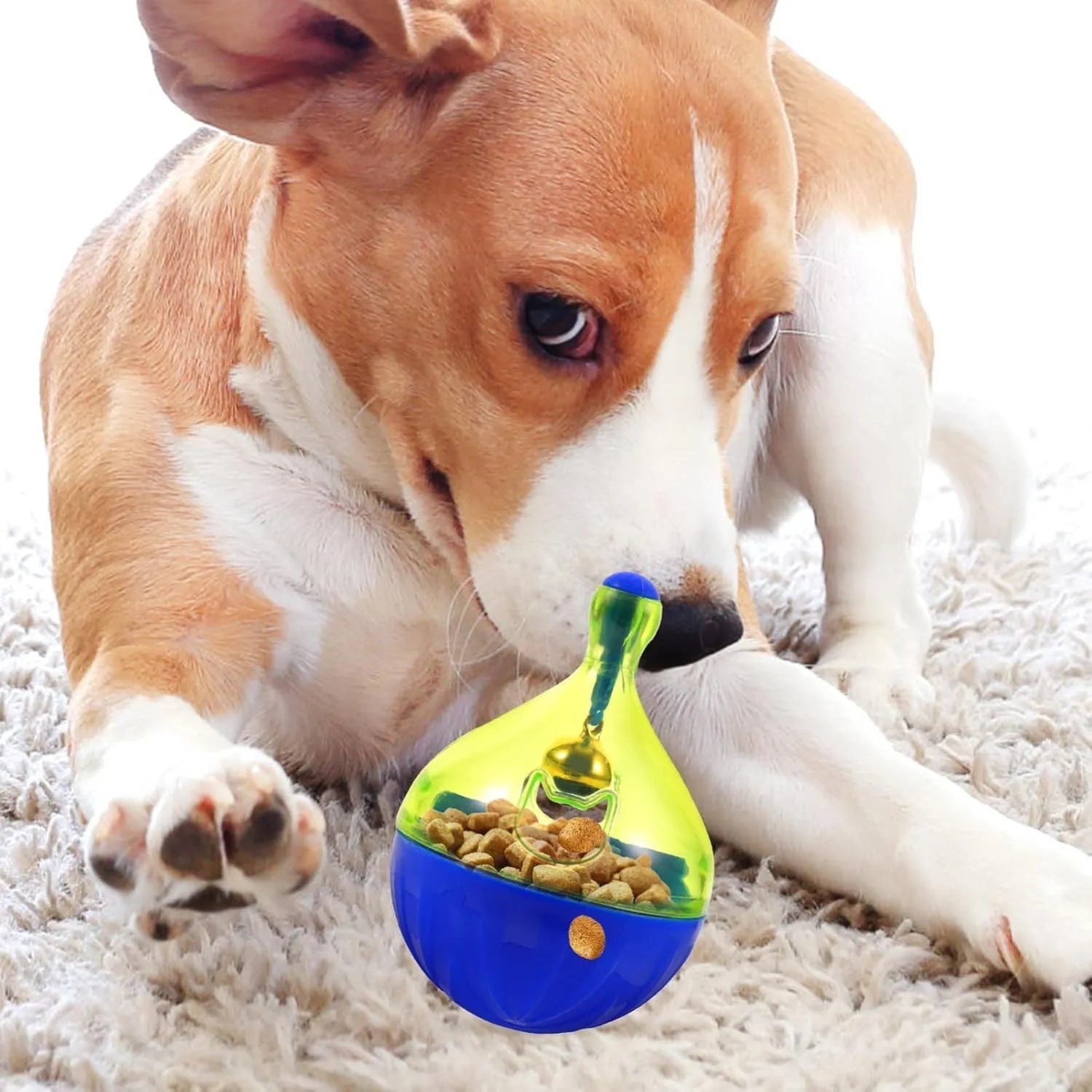 Small pet treat tumbler dispenser toy for dogs and cats with interactive food puzzle design