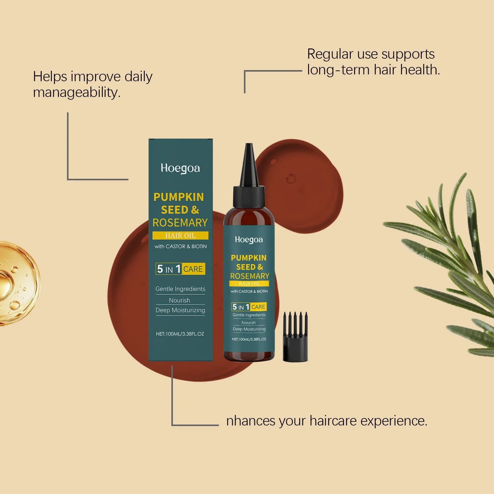 Rosemary hair oil 100ml bottle with pointed nozzle and detangling comb set