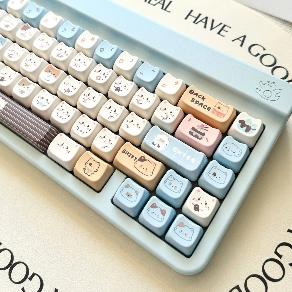 Sea Salt Cat design PBT key cap set showing sublimation printed artwork on keyboard keys