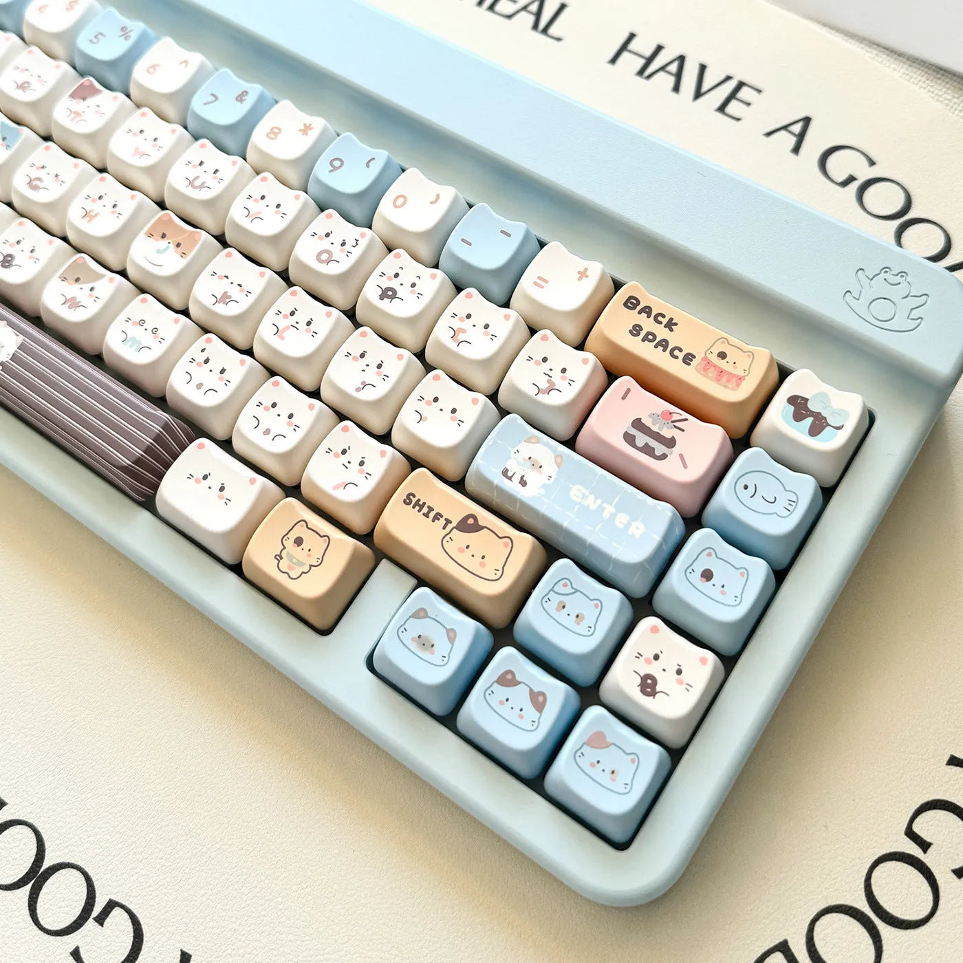 Sea Salt Cat design PBT key cap set showing sublimation printed artwork on keyboard keys