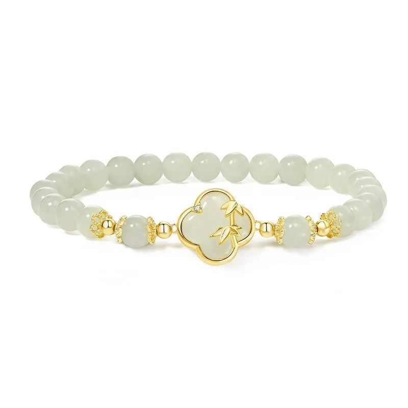 Hetian jade bracelet and necklace set with bamboo newspaper design and carved leaf shapes