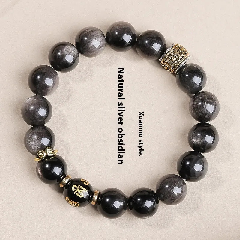 Natural silver stone Buddha beads bracelet 10mm hand toy on surface, unisex design