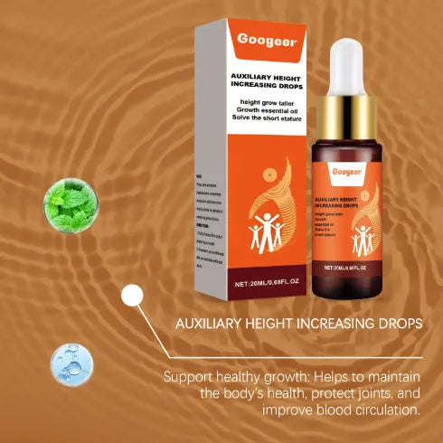 Googeer auxiliary height increasing drops 20ml bottle measuring 2.2x9cm with peppermint extract and vitamin B1