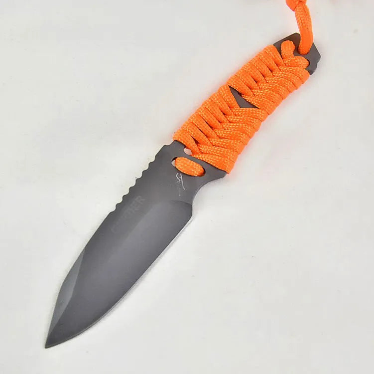Straight blade camping knife with rope handle and ABS plastic sheath
