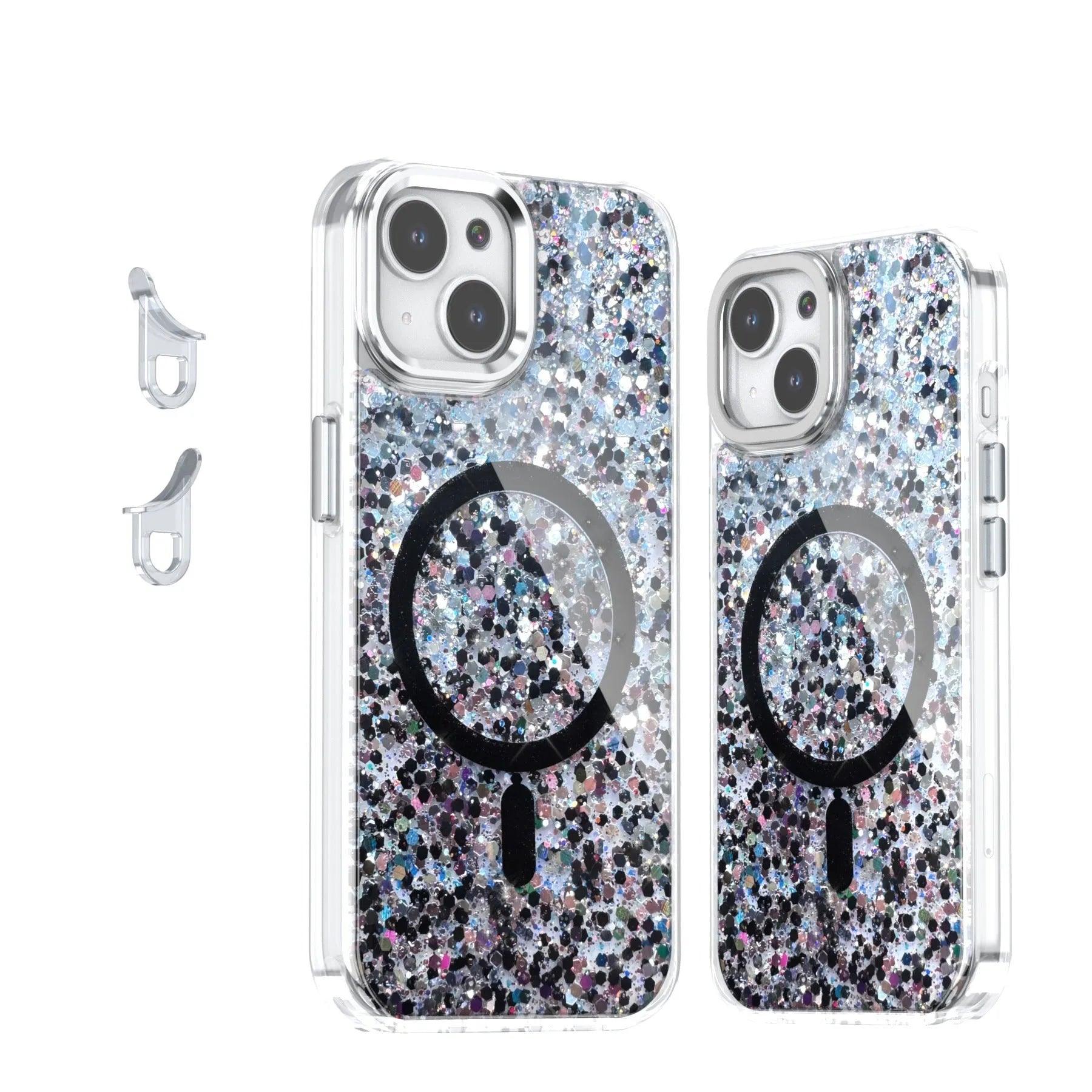 Creative Sequins Glitter Epoxy Magnetic Phone Case for Apple iPhone, transparent back with glitter, compatible with IP12-IP16 models