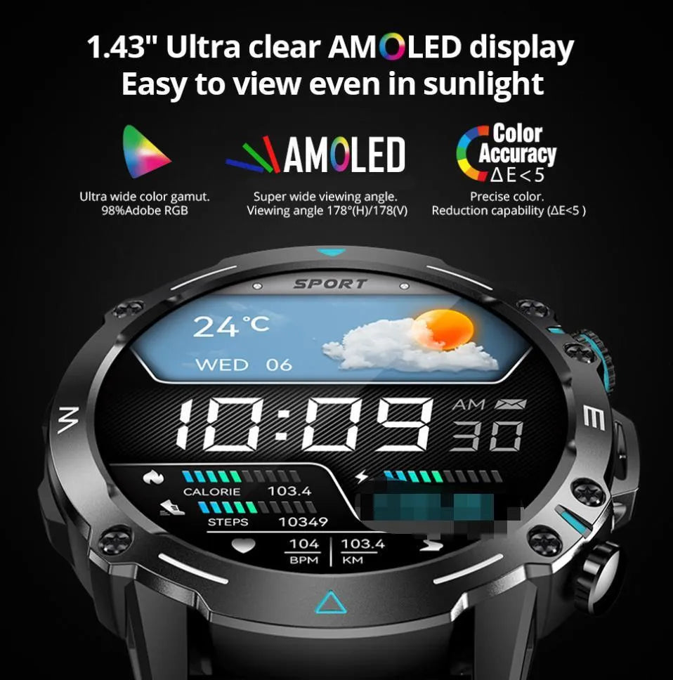 M42 smart watch with AMOLED touch screen showing fitness metrics on wrist