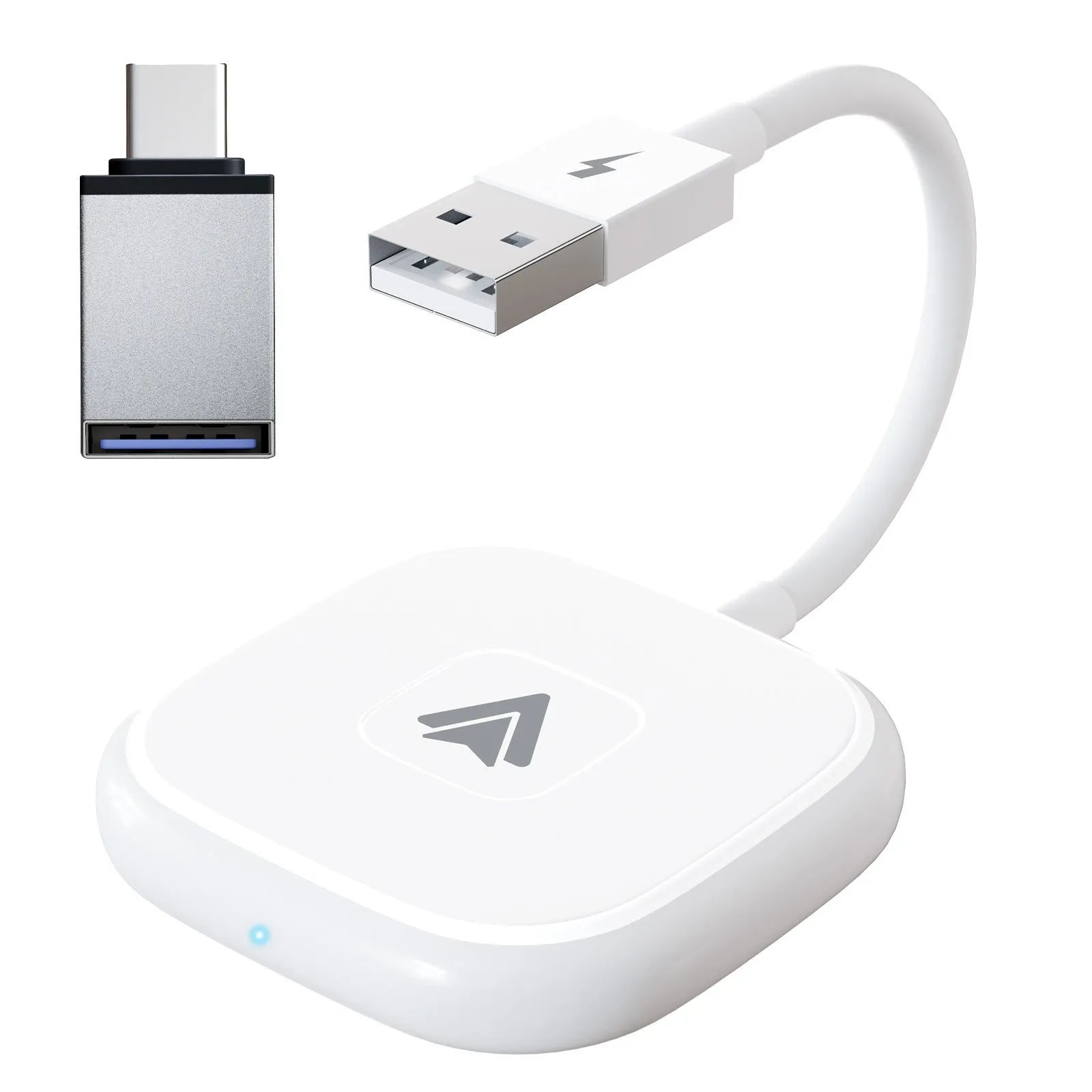 Car wireless Android adaptor for CarPlay systems in black and white colour options.