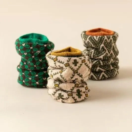 Women's mid-calf pure cotton double-knit retro ripple socks in mixed colours, autumn stack socks