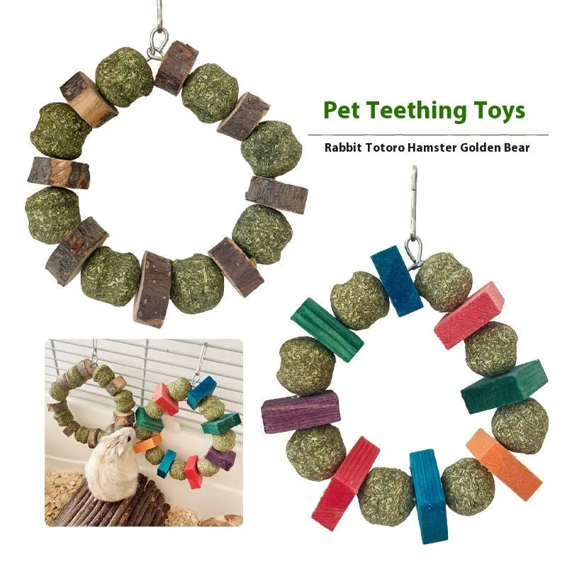 Hamster chew toy with two straw ball rings - one colourful sequin design, one natural applewood