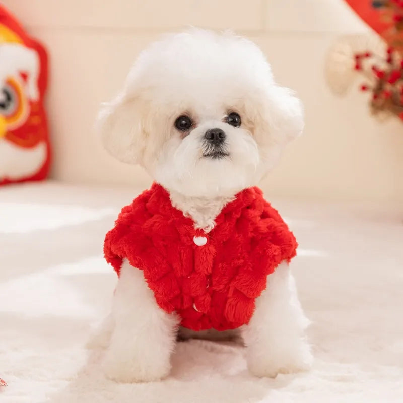 Red Lion Dance Pet Vest with lion dance embroidery and lanterns on small dog
