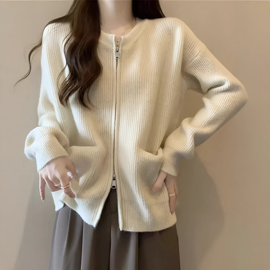 Soft wind glutinous sweater coat cardigan in beige colour, shown as a long-sleeve casual knitwear layer.