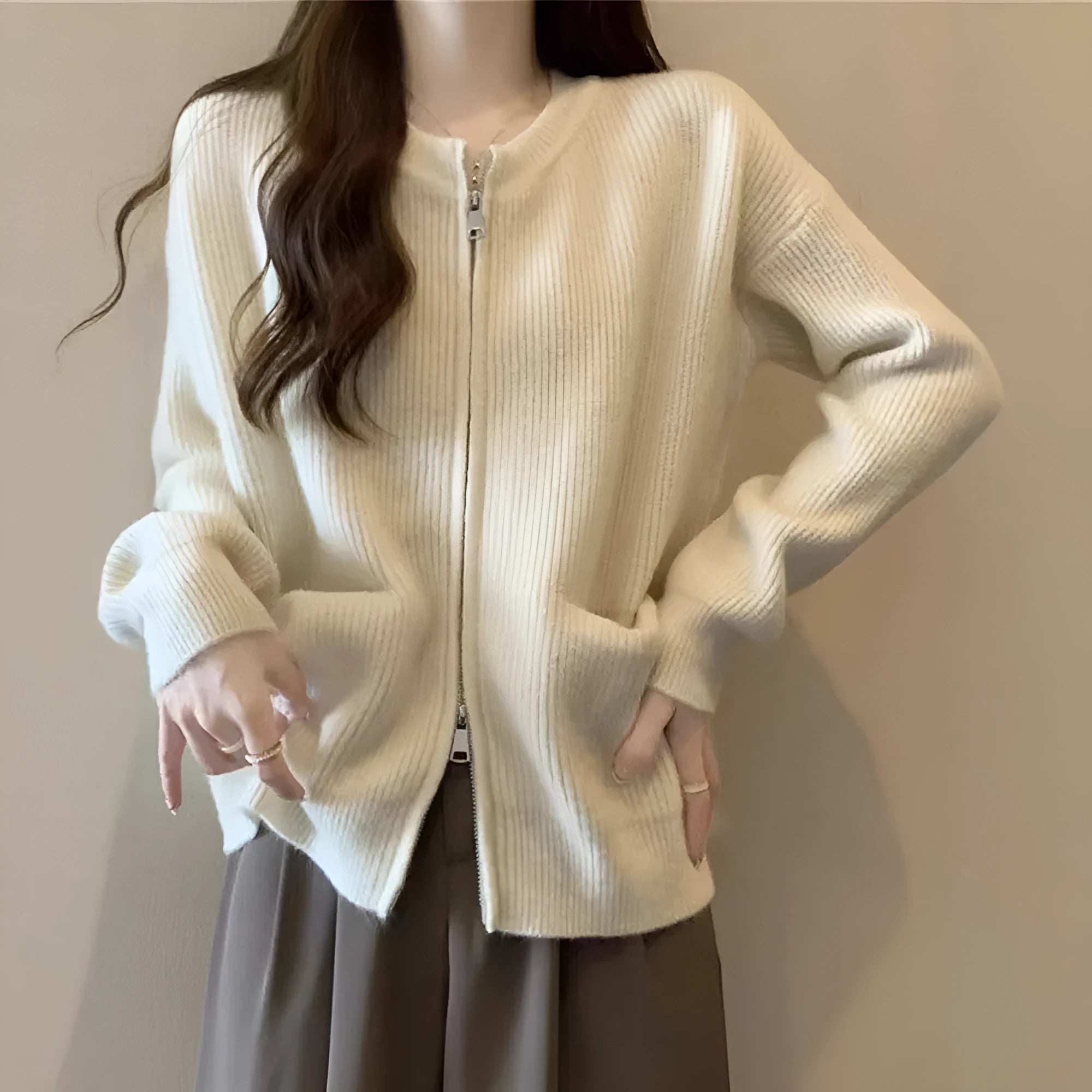 Soft wind glutinous sweater coat cardigan in beige colour, shown as a long-sleeve casual knitwear layer.