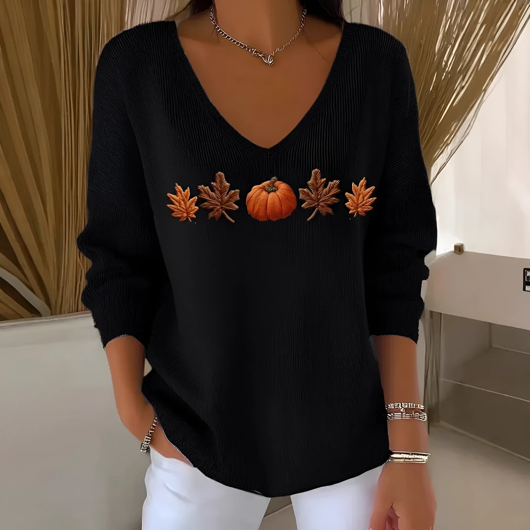 Women's V-neck long sleeve pullover top with 3D digital print and contrast colour in street fashion style