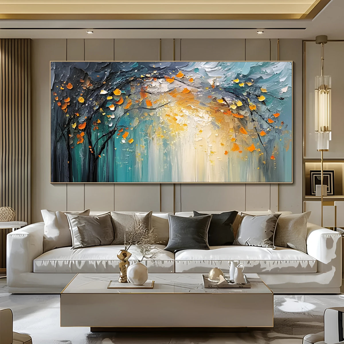 Hand-painted abstract forest oil painting on canvas in blue and golden yellow, one-panel horizontal wall art without frame